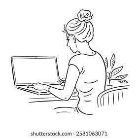 A young woman student sits at a laptop. Remote homework freelance. Work and lifestyle. Vector black and white sketch. Hand drawn line illustration