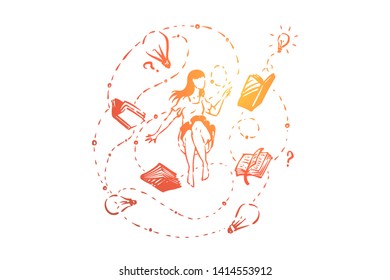 Young woman, student surrounded with books, light bulbs and question marks, brainstorm, idea generation