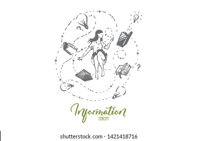 Young woman, student surrounded with books, light bulbs and question marks, brainstorm, idea generation. Education process, information gathering concept sketch. Hand drawn vector illustration