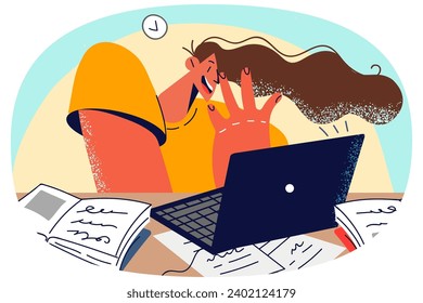 Young woman study online on computer stressed with deadlines. Female student frustrated with learning, working on laptop at home. Exam preparation. Vector illustration.