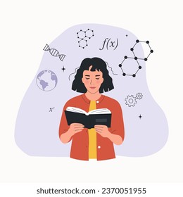 Young woman studying with a book. Vector illustration.