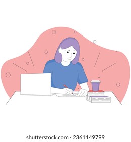 Young woman is studying at the computer. Online student learning concept for banner, website design or landing web page	
