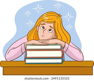 Young woman studying, dreaming. Woman in casual clothes studying at home. bored. flat vector illustration