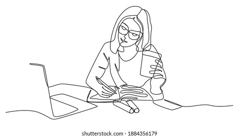 Young woman studying at the laptop and drinking coffee. Outline drawing. Vector illustration