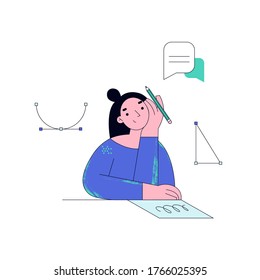 Young woman studying online. Student doing homework. Online education concept illustration.