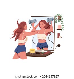 Young woman styling her hair with blowing hairdryer after shower. Daily beauty routine in front of mirror at home. Female making hairstyle. Flat vector illustration isolated on white background