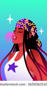 Jovem mulher com bandana elegante está soprando retrato chiclete rosa. A menina feliz na roupa de moda está mastigando chiclete. Avatar feminino de pessoa moderna em roupas da moda. Ilustração de vetor plano