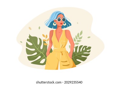 Young woman in stylish outfit vector illustration. Pretty girl with blue hair and accessories flat style. Fashion, model, designer concept