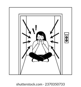 Young woman sufering of claustrophobia attack  in elevator. vector illustration