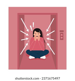 Young woman sufering of claustrophobia attack  in elevator. vector illustration