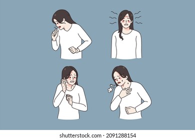 Young woman suffer from allergic reactions, cough and sweat. Unhealthy girl have red spots or inflammation struggle with seasonal or food allergy. Healthcare and medicine. Fat vector illustration. 