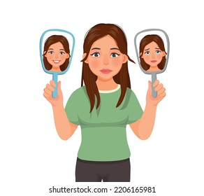 Young Woman Suffer From Bipolar Disorder Manic Depression With Two Faced Expressions Of Happy And Sad Face Showing In The Mirrors