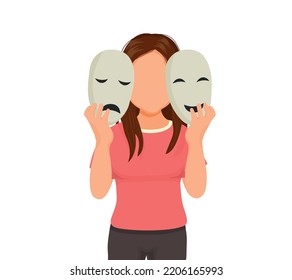 Young Woman Suffer From Bipolar Disorder Manic Depression With Two Faced Expressions Of Happy And Sad Face Showing In Facial Mask