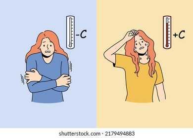 Young woman suffer from cold and hot weather. Unhappy unwell girl struggle with climate change. Winter and summer season problem. Vector illustration. 