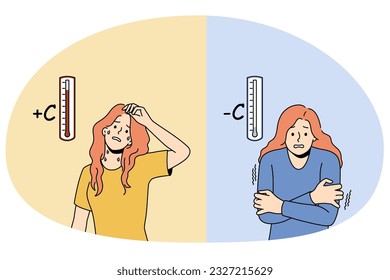 Young woman suffer from cold and hot weather. Unhappy unwell girl struggle with climate change. Winter and summer season problem. Vector illustration.