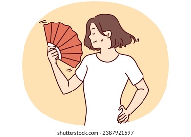 Young woman suffer from hot weather wave with hand fan. Unwell female struggle with heatstroke use waver for fresh air. Vector illustration.