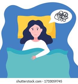 Young woman suffer from insomnia. Sleepy girl can't sleep because of mental problems. Female try to sleep on pillow and under blanket. Flat vector concept of stress, depression, nightmares