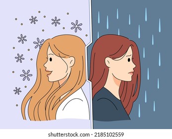 Young woman suffer from mood swing, feeling happy and sad. Girl struggle with personality or bipolar disorder. Psychological or mental problem. Vector illustration. 