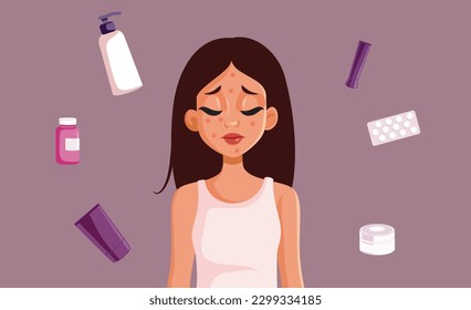 
Young Woman Suffering from Acne Looking for Treatment Vector Illustration. Sad girl having pimples during puberty looking for a cure
