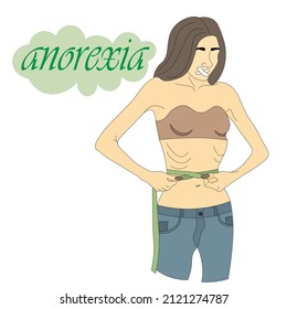 young woman suffering from anorexia. girl with anorexia nervosa measures her waist with ribbon. very thin brunette with consequences of anorexia syndrome. Female disease bulimia. Vector illustration