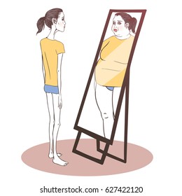 Young Woman Suffering From Anorexia Looking In The Mirror