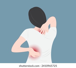 Young woman suffering from back and neck pain and health problems muscles and bones Health concept vector illustration