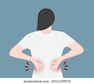 Young woman suffering from back pain, back pain, health problems, muscle inflammation or bone disease.