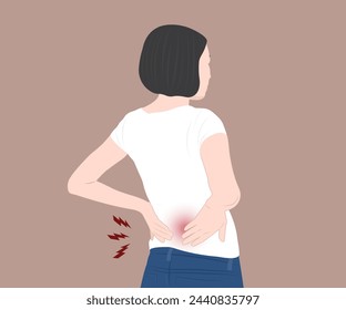 Young woman suffering from back and waist pain, musculoskeletal health problems. Vector illustration.