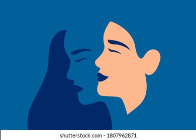 Young woman suffering from bipolar disorder, psychological diseases, schizophrenia. Happy young woman with and her ghostly sad twin behind.  Concept of Bipolar disorder. Flat vector illustration.