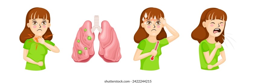 Young Woman Suffering from Coronavirus Symptoms Vector Set