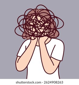 Young woman suffering from depression shown with tangled lines above her head symbolizing chaotic thoughts, mental health struggles, anxiety, emotional breakdown, sadness, stress, and psychological 