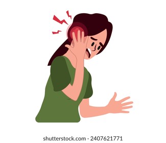 Young woman suffering from earache. Female with otitis, tinnitus, vertigo or enother hearing disease. Flat vector medical illustration.