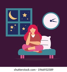 Young woman suffering from headache due to insomnia. Sleepless girl in bedroom feeling tired because of sleep disorder. Sleeplessness and Mental health disorder concept. Flat vector illustration.

