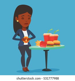 Young woman suffering from heartburn. An african-american sad woman having stomach ache from heartburn. Upset woman having stomach ache after fast food. Vector flat design illustration. Square layout.