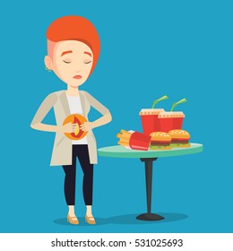 Young woman suffering from heartburn. Caucasian sad woman having stomach ache from heartburn. Upset woman having stomach ache after fast food. Vector flat design illustration. Square layout.