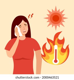 Young woman suffering from heat stroke symptom. She got dizziness and sweaty in hot climate summer.