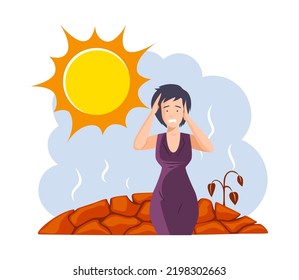 Young woman suffering from heat stroke and drought. Girl having headache. Stressed girl on verge of psychological breakdown. Heatstroke symptom, stress, anxiety, panic attack cartoon vector