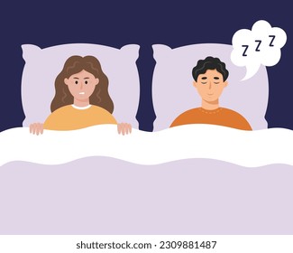 Young woman suffering of her partner's snore at night. Snoring man in bed. Couple or family troubles. Snoring, bad sleep or insomnia concept. Vector illustration isolated on white background.  