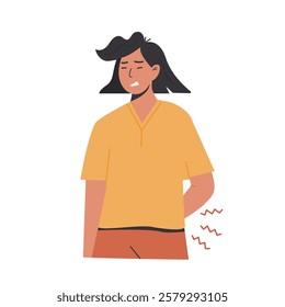 Young woman suffering from lower back pain while holding her side in discomfort, showing signs of muscle strain, posture issues, and physical discomfort related to spine health. Flat style vector.