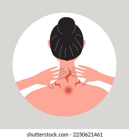 Young woman suffering from muscle tension. Female with office syndrom or tech neck problem. Back view of woman pressing her neck and shoulder. Flat vector medical illustration.