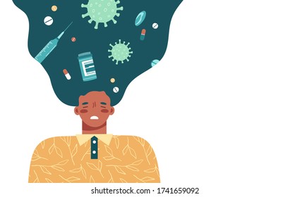 Young woman suffering from negative thoughts on white copy space background. Medicines, syringe in long hair. Overthinking during coronavirus outbreak, lockdown. Flat cartoon vector illustration.