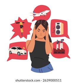 Young woman suffering from noise pollution of big city vector illustration. Anxious irritated female cartoon character covering ears protecting herself from discomfort and painful loud sound