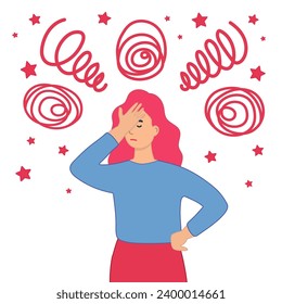 Young woman suffering pain, migraine, fainting, dizziness - Female having mental fatigue, vertigo, stress or depression - Vector flat illustration