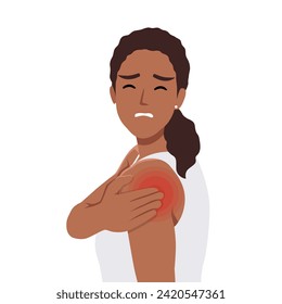 Young woman suffering from pain in the neck. Sore neck, shoulder. Pain in back. Flat vector illustration isolated on white background