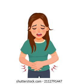 Young Woman Suffering From Stomachache, Diarrhea, Indigestion Problem, Abdominal Pain, Food Poisoning, Nausea, Gastritis Or Bloating.