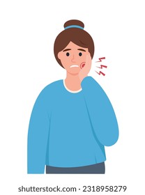 Mujer joven con dolor de muelas y mejilla en mano. Salud, Contactar con la odontología para obtener ayuda, atención dental, problemas con el concepto de dientes. Ilustración vectorial aislada en fondo blanco.