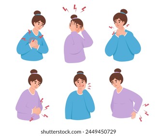 Young woman suffering from various pains. Heartache or heart attack, back and stomach ache, sore throat, headache, toothache. Concept vector illustration isolated on white background.