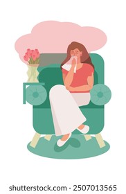 Young woman suffers from allergies, she has a runny nose and tears, sits in a chair at home, next to a vase of flowers. Pollen allergy, disease, allergic reaction to flowers. Vector flat illustration