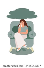 A young woman suffers from depression and experiences the loss of a loved one. Mental disorder, grief, difficult life situation. Vector flat illustration.