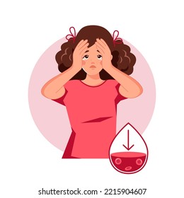 A Young Woman Suffers From Dizziness And Anemia. Low Hemoglobin, Iron Deficiency. The Concept Of Health Protection. Vector Illustration In Cartoon Style.